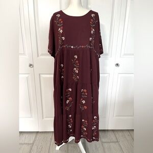Tea N Rose Dress Women’s Plus 3x Brown Midi Embroidered Floral Boutique Peasant